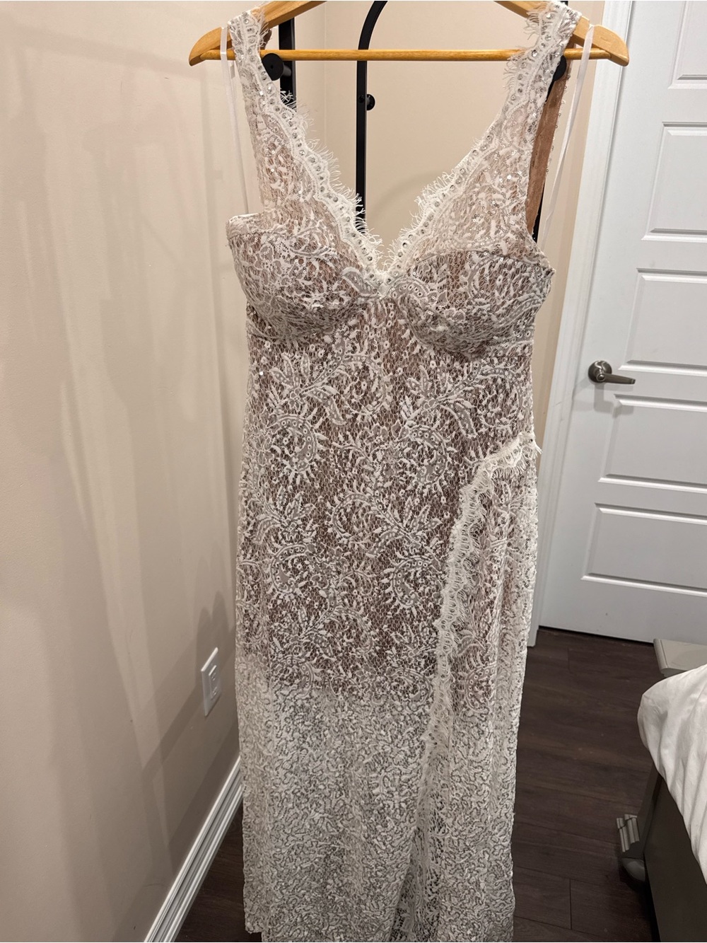 Ivory Lace V-Neck Wedding Dress with Sheer Overlay